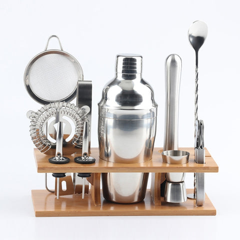 Set di strumenti per shaker per cocktail 11 in 1 in acciaio inossidabile con supporto in legno, capacità: 550 ml, 550ml