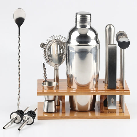 Set d'instruments pour shaker par cocktail 14 en 1 en acciaio inossidabile avec support en bambou, capacité: 750 ml, 750ml, Bamboo