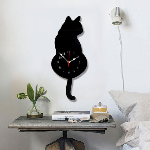 Orologio da parete a forma di gatto a batteria, decorazione per camera da letto, ufficio, 42x18 cm, con code oscillanti