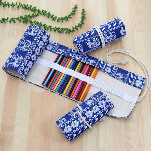 48 slot Astuccio per penne con stampa etnica di elefanti Astuccio per matite in tela Avvolgibile per tende Astuccio per cancelleria, 48 Slots - Novalix Store