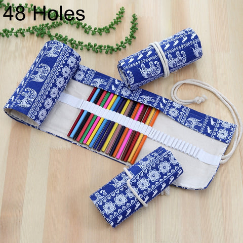 48 slot Astuccio per penne con stampa etnica di elefanti Astuccio per matite in tela Avvolgibile per tende Astuccio per cancelleria, 48 Slots - Novalix Store