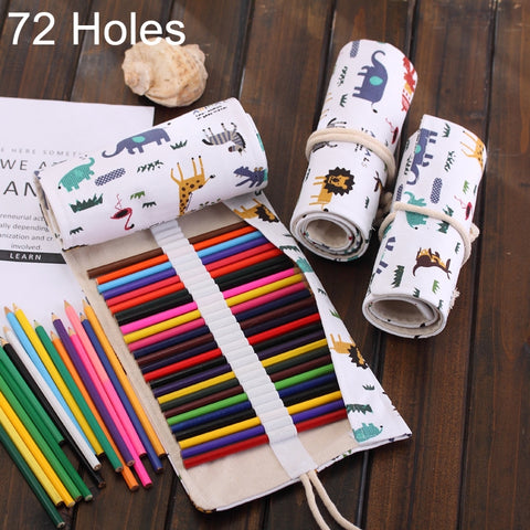 72 Slot Astuccio per penne con stampa animalier dei cartoni animati Astuccio per matite in tela Astuccio per matite arrotolabile Astuccio per cancelleria, 72 Slots
