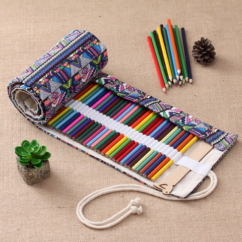 Astuccio per penne con stampa etnica da 72 slot, astuccio per matite in tela, astuccio arrotolabile per cancelleria, 72 Slots