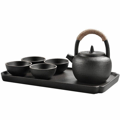 Set di tazze da tè con manico e anello in ceramica da viaggio portatile con vassoio da tè, con vassoio da tè (nero), con vassoio da tè (bianco)