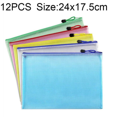 Buste per cancelleria in rete di plastica con cerniera da 12 pezzi, consegna a colori casuale (A5, dimensioni: 24x17,5 cm), A5, Size: 24x17.5cm