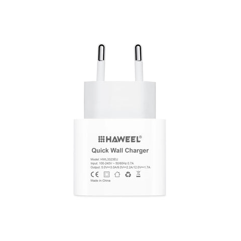 Caricabatterie da viaggio QC con interfaccia singola USB-C/Type-C HAWEEL PD 20W, supporto protocollo QC completo, presa EU, QC Charger EU Plug