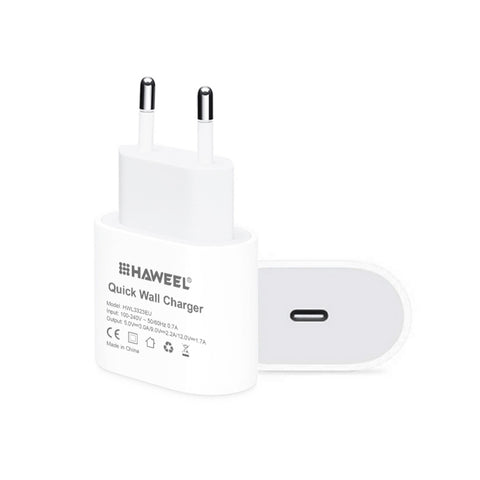 Caricabatterie da viaggio QC con interfaccia singola USB-C/Type-C HAWEEL PD 20W, supporto protocollo QC completo, presa EU, QC Charger EU Plug