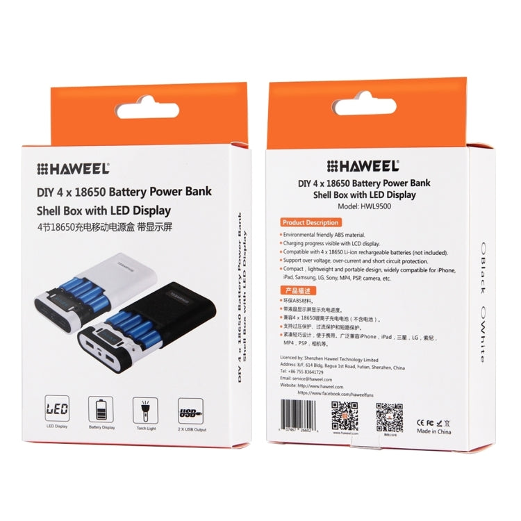 HAWEEL DIY 4 x 18650 Battery (Not Included) 10000mAh Power Bank Shell Box with 2 x USB Output & Display for iPhone, Galaxy, Sony, HTC, Google, Huawei, X...