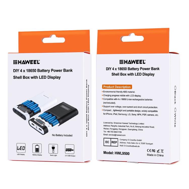 HAWEEL DIY 4 x 18650 Battery (Not Included) 10000mAh Power Bank Shell Box with 2 x USB Output & Display for iPhone, Galaxy, Sony, HTC, Google, Huawei, X...