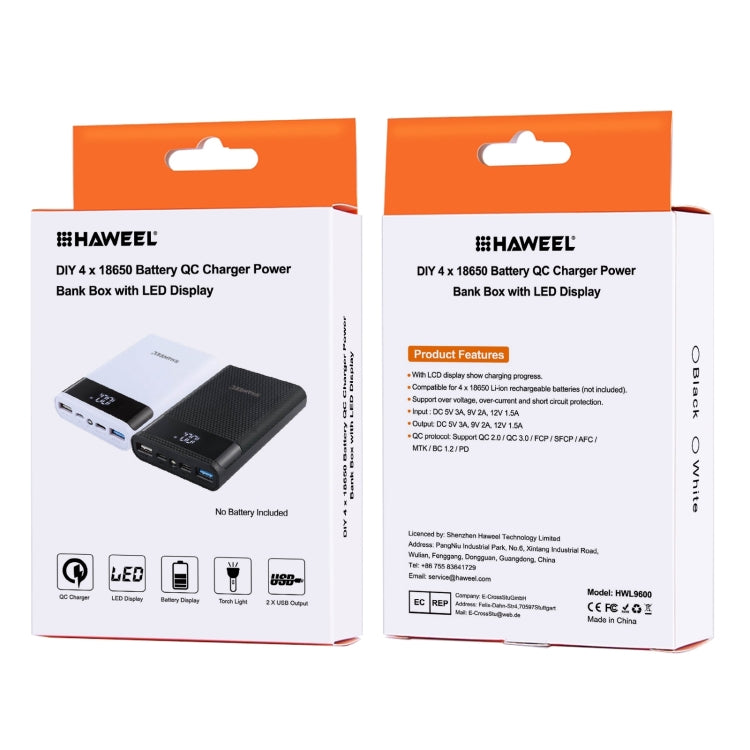HAWEEL DIY 4x 18650 Battery (Not Included) 12000mAh Dual-way QC Charger Power Bank Shell Box with 2x USB Output & Display,  Support QC 2.0 / QC 3.0 / FC...