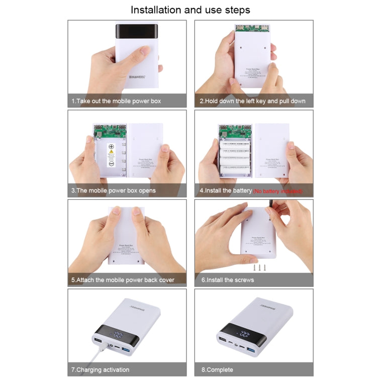 HAWEEL DIY 4x 18650 Battery (Not Included) 12000mAh Dual-way QC Charger Power Bank Shell Box with 2x USB Output & Display,  Support QC 2.0 / QC 3.0 / FC...