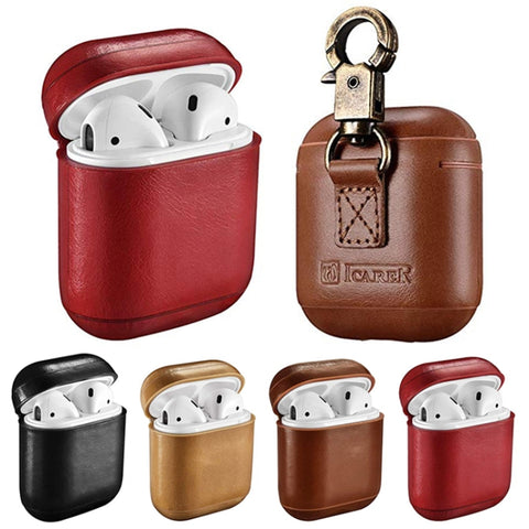 ICARER Custodia protettiva per scatola di ricarica per auricolari wireless anti-smarrimento in pelle di vacchetta per Apple AirPods 1/2, con chiusura, with Clasp Khaki, with Clasp Red, with Clasp Brown, with Clasp Black)