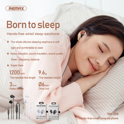 REMAX RM-208 Auricolare stereo in-ear per dormire con controllo via cavo + microfono, supporto vivavoce