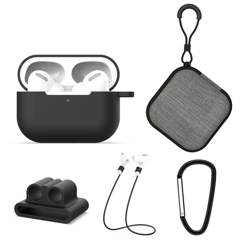 Per AirPods Pro 5 in 1 Custodia protettiva per auricolari in silicone + Borsa per auricolari + Fibbia per auricolari + Gancio + Set di corde anti-perso, For AirPods Pro
