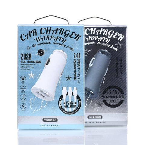 Caricabatterie da auto doppio USB WK WP-C13 Warpath da 2,4 A con cavo dati da USB a 8 pin / Micro USB / Tipo C, WP-C13 con cavo (bianco), WP-C13 con cavo (nero)