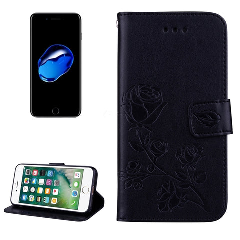 Custodia flip in pelle per iPhone 8 e 7 con motivo rose e fiori pressati con supporto, scomparti per carte e portafoglio, Fro 8 & 7