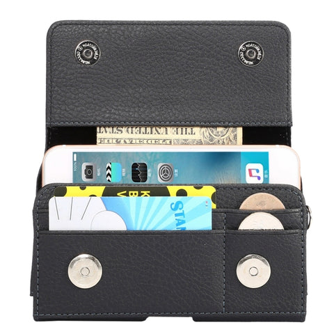 Custodia/marsupio universale in pelle PU con texture litchi verticale ribaltabile trasversalmente con stecca posteriore e slot per carte e cordino da 15 cm per iPhone 8 e 7 e 6s e 6, Galaxy SIV e SIII, Xiaomi Redmi 3 e 3X, dimensioni: 14,3 x 7,5 x 1,5 cm