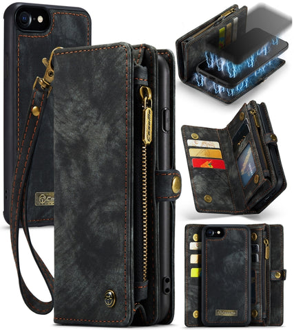 CaseMe per iPhone 8 e 7 Portafoglio multifunzionale in pelle con custodia protettiva magnetica staccabile per PC e supporto posteriore, 10 slot per carte, 3 slot per contanti, 1 portafoglio con cerniera, 2 cornici per foto e 3 chiusure magnetiche