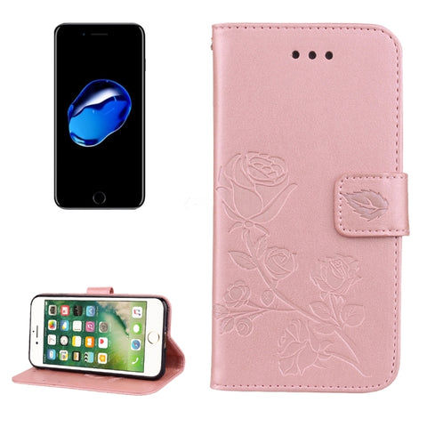 Custodia in pelle flip per iPhone 8 Plus e 7 Plus con motivo rose e fiori pressati con supporto, scomparti per carte e portafoglio, Fro 8P & 7P