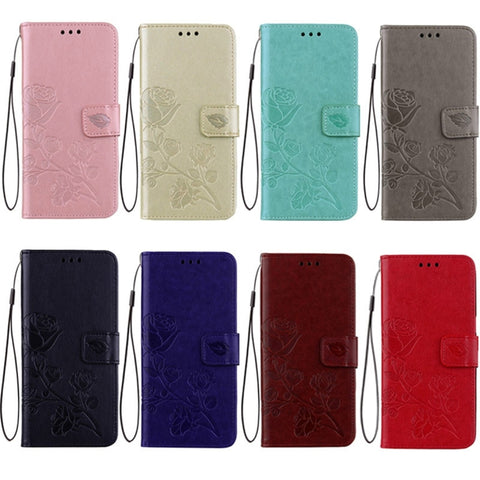 Custodia in pelle flip per iPhone 8 Plus e 7 Plus con motivo rose e fiori pressati con supporto, scomparti per carte e portafoglio, Fro 8P & 7P
