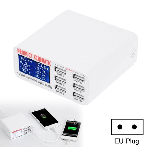 Caricabatterie rapido 899 30 W QC 3.0 6 porte USB con display digitale LCD, presa EU, 899