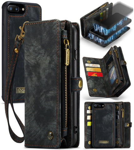CaseMe per iPhone 8 Plus & 7 Plus Portafoglio multifunzionale in pelle con custodia protettiva e supporto magnetico staccabile per PC, 11 scomparti per carte, 3 scomparti per contanti, 1 portafoglio con cerniera, 2 cornici per foto e 3 chiusure magnetiche