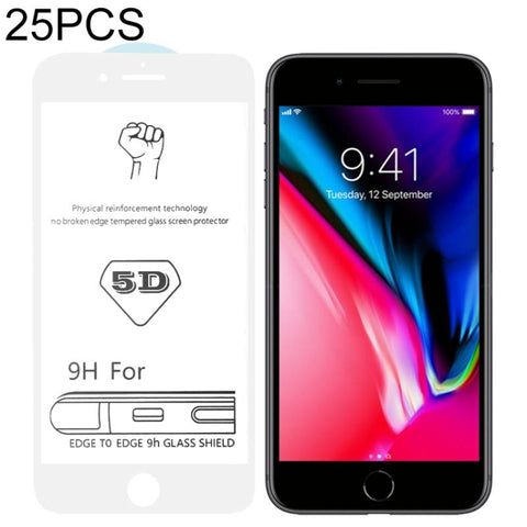 Pellicola in vetro temperato a schermo intero con colla bianca 9H 5D da 25 pezzi per iPhone 8/7, For iPhone SE 2020 / 8 / 7 (White) (25 PCS)