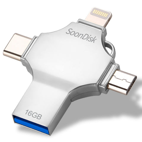 Unité flash USB 3.0 + 8 broches 4 en 1 de 16 Go + Micro USB + USB-C / Type-C à double utilisation avec fonction OTG, 16 Go