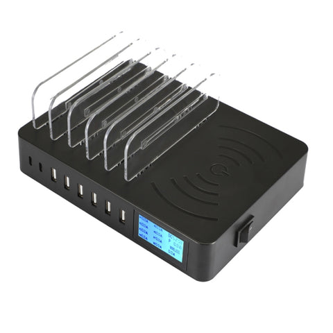 50 W 6 porte USB + 2 porte USB-C/Type-C + Caricabatterie multifunzione con ricarica wireless con display LED e cornice staccabile, presa EU, EU Plug - Novalix Store
