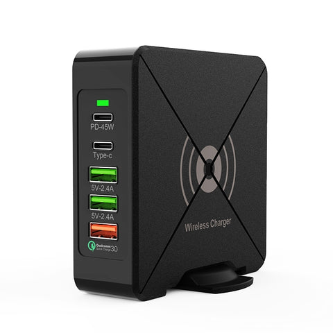 F88W 3 porte USB + 2 porte USB-C/Type-C Caricatore da tavolo QC3.0 con funzione di ricarica wireless, F88W