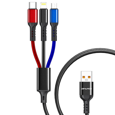 awei CL-971 3 in 1 1,2 m 2,4 A USB a 8 pin + Micro USB + cavo di ricarica multiplo USB-C / Type-C