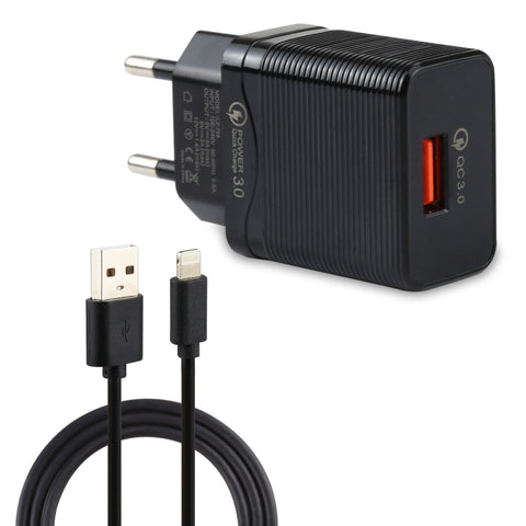 LZ-728 Caricatore da viaggio con interfaccia USB QC 3.0 2 in 1 da 18 W + set di cavi dati da USB a 8 pin, spina europea, lunghezza cavo: 1 m, con cavo 8 Pin