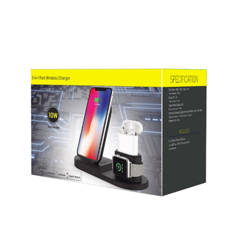 OJD-45 3 in 1 QI 10W Telefono cellulare + Orologio + Porta di ricarica per auricolari a 8 pin Caricabatterie wireless multifunzione per telefoni cellulari, orologi e AirPods 2, OJD-45