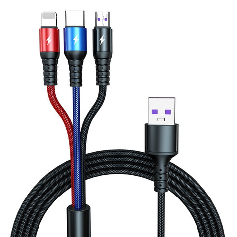 K061 1,2 m 5 A 3 en 1 USB à 8 broches + USB-C/Type-C + prise de données de connecteur rapide micro USB