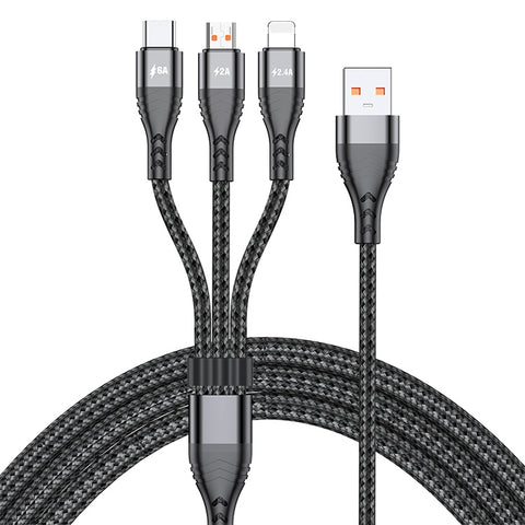 ADC-138 Cavo dati intrecciato a ricarica rapida 3 in 1 da USB a 8 pin + Micro USB + USB-C/Type-C da 66 W, Lunghezza cavo: 1,2 m