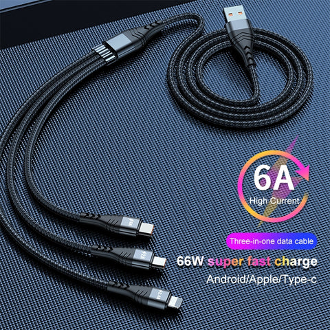 ADC-138 Cavo dati intrecciato a ricarica rapida 3 in 1 da USB a 8 pin + Micro USB + USB-C/Type-C da 66 W, Lunghezza cavo: 1,2 m