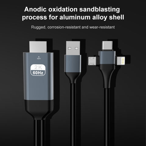 Cavo P8J en aluminium 3 en 1 à 8 broches + Micro USB + USB-C/Type-C à HDTV, longueur de courant : 2 m, 3 en 1 HDMI (aluminium)