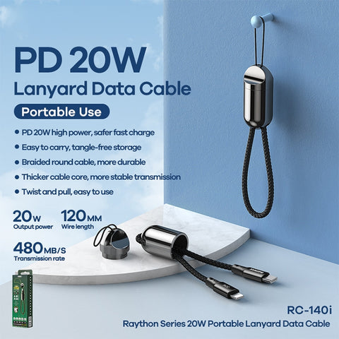 REMAX RC-140i Thor Series PD 20 W USB-C/Type-C à 8 broches Câble de données avec cordon portable, Longueur de câble : 1,2 m, USB-C / Type-C à 8 broches