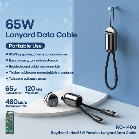Câble de données portable avec cordon REMAX RC-140a série Thor de 65 W USB-C/Type-C vers USB-C/Type-C, longueur de câble : 1,2 m, USB-C/Type-C vers USB-C/Type-C