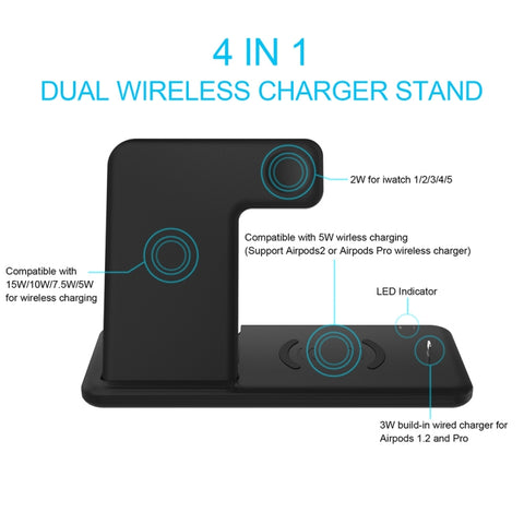 Q20 Stazione di supporto per ricarica per caricabatterie wireless 4 in 1 per iPhone / Apple Watch / AirPods, supporta la ricarica di due telefoni, Wireless Charger
