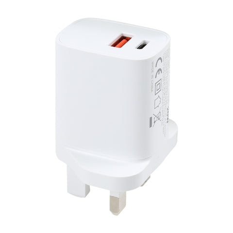 E087 Caricatore da viaggio a ricarica rapida USB-C/Type-C + porte USB da 20 W, presa UK, UK Plug