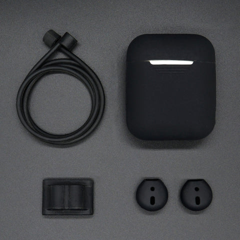 Corda anti-smarrimento + custodia in silicone + fibbia per appendere gli auricolari + copertura per tappi per le orecchie Set di custodie per auricolari wireless Bluetooth per Apple AirPods 1/2