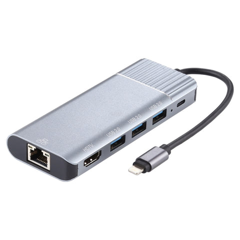 6 in 1 USB 2.0 x 3 + HDMI + RJ45 + Porta di ricarica femmina a 8 pin per adattatore dock station multifunzione maschio a 8 pin, 79591 - Novalix Store