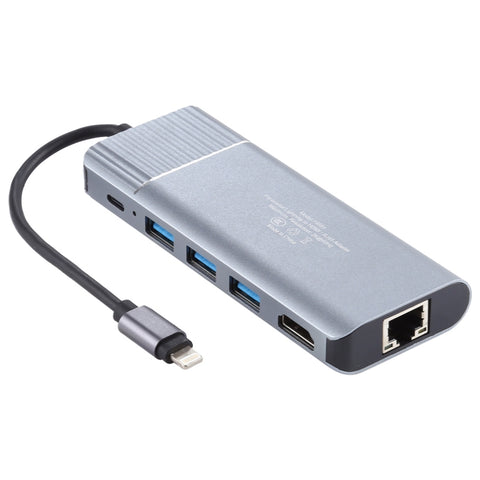 6 in 1 USB 2.0 x 3 + HDMI + RJ45 + Porta di ricarica femmina a 8 pin per adattatore dock station multifunzione maschio a 8 pin, 79591 - Novalix Store