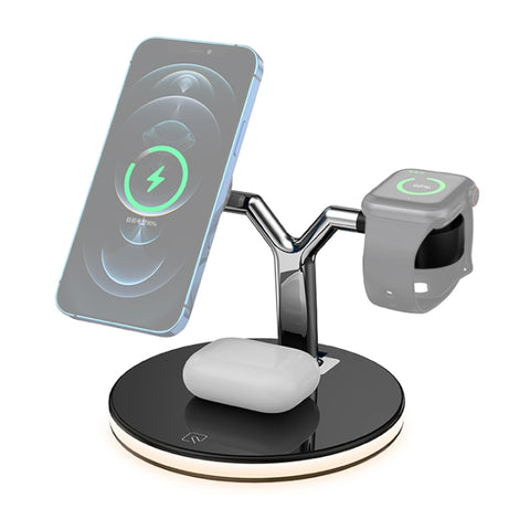 Caricabatterie wireless magnetico multifunzione 3 in 1 da 15 W per telefoni cellulari, orologi Apple e AirPod, con luce LED colorata