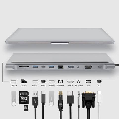 RJ45 11 en 1 + PD de 87 W + SD/TF + USBx3+ HDMI + VGA + adaptateur HUB de 3,5 mm et AUX de type C, 11 en 1