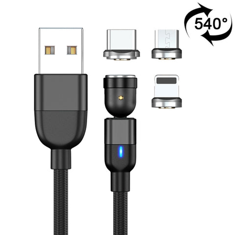Prise 1 m 3 A 3 en 1 USB à 8 broches + USB-C / Type-C + Micro USB Câble de synchronisation pour la synchronisation des données magnétiques rotatives à 540 degrés, 1 m 3 en 1