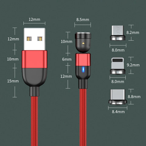 Prise 2 m 3 A 3 en 1 USB à 8 broches + USB-C / Type-C + Micro USB Câble de synchronisation pour la synchronisation des données magnétiques rotatives à 540 degrés, 2 m 3 en 1