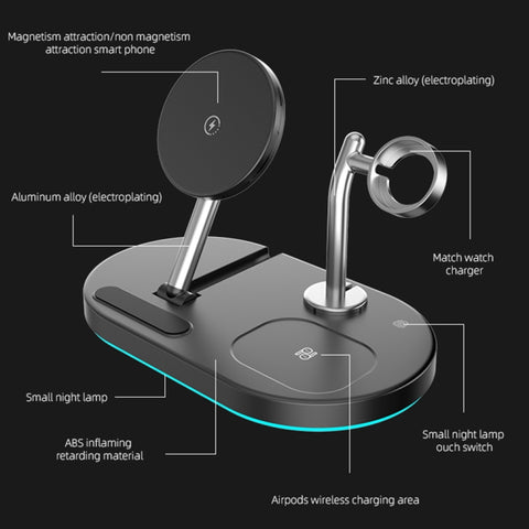 S20 Caricabatterie wireless magnetico multifunzione 4 in 1 da 15 W con luce notturna e supporto per telefoni cellulari/AirPods, S20 White, S20 Black