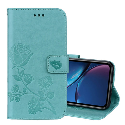 Pour iPhone XR Étui en cuir PU avec tige orizzontale en rilievo rose, avec support, emplacement pour carte et portafoglio, pour XR